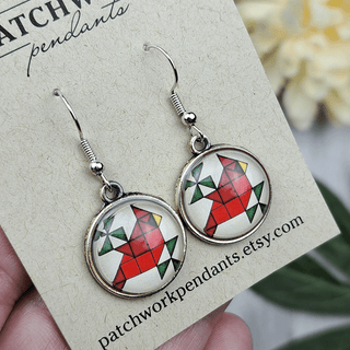 Cardinal Circular Quilt Block Earrings, Silver
