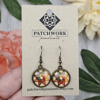 Autumn Twirling Star Circular Quilt Block Earrings, Antique Brass