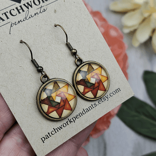 Autumn Twirling Star Circular Quilt Block Earrings, Antique Brass
