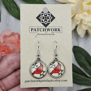 Cardinal Circular Quilt Block Earrings, Silver