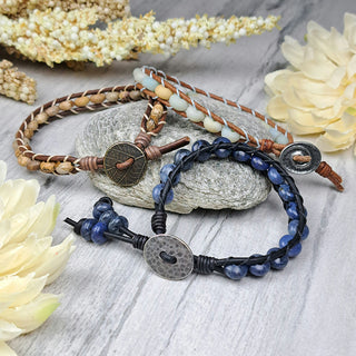 3 laddered bracelets with leather and semiprecious stone.