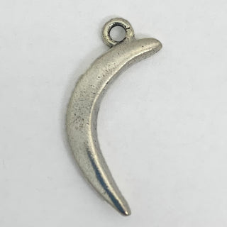Front side of silver tone crescent shaped charm.