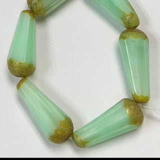 Czech glass 20x9mm faceted drop beads strand mint w/picasso.