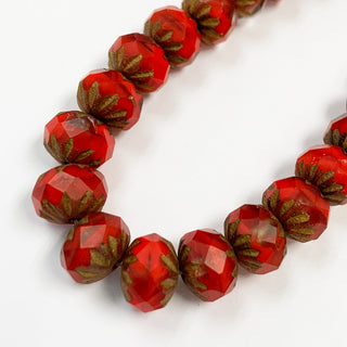Czech Glass 7x10mm cruller beads strand, ruby red w/bronze.