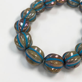Czech Glass 12mm melon beads strand metallic bronze w/turquoise.