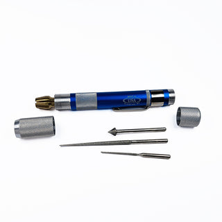 Disassembled pin vice style hand tool with three detachable tips (file, reamer, awl).