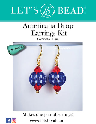Drop earrings kit with blue crescent beads, white seed beads, and red crystals on gold wire.