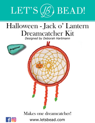 Cover of Let's Bead Halloween Dreamcatcher Kit with pumpkin charm in orange and yellow.