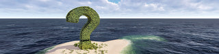 Clipart image of a question mark topiary on a small sandy island surrounded by water.
