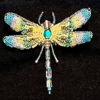 Beaded dragonfly brooch with turquoise and yellow beads. and sequins.