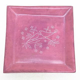 Pink hand carved soapstone tray with birds from Kenya.