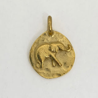 Gold plated round charm with an embossed elephant.