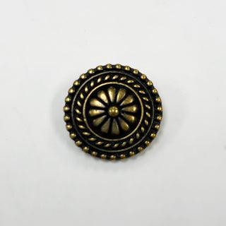 Small round antique brass flower textured button with embellished edges.