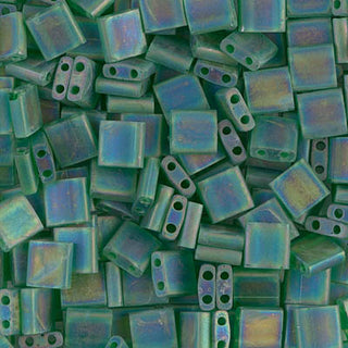 Closeup of green Tila glass beads.