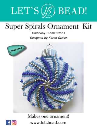 Cover of Let's Bead Super Spirals beaded ornament kit in white, silver, and blue spirals.