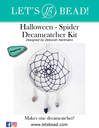 Cover of Let's Bead Halloween Dreamcatcher Kit with spider charm in white and black.