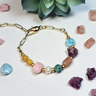 Gold and Crystal Gemstone bracelet with Paper Clip Chain and featuring premium natural Sunstone, Freshwater Pearl, Larimar, Pink Peruvian Opal, Yellow Jade, African Turquoise, & Pink Tourmaline in Quartz