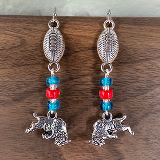 Earrings with silver football and buffalo accents and red, white and blue beads.