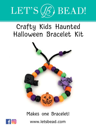 Kids adjustable beaded bracelet with halloween charms in orange, black, green, purple.