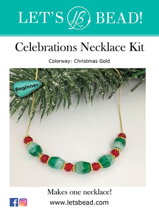 Beginner necklace kit with gold chain, red & green faceted beads.