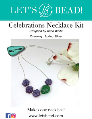 Beginner necklace kit with silver chain, purple Czech Glass flower beads, green ladybug bead.
