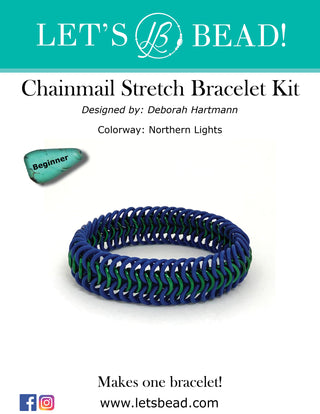 Beginner chainmail bracelet kit with jump rings & stretchy O-rings in blue and green.