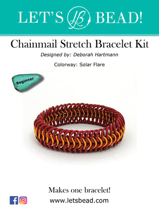 Beginner chainmail bracelet kit with jump rings & stretchy O-rings in red & orange.