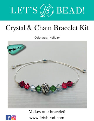Beginner bracelet kit with silver chain findings, bead, and green, red, clear faceted beads.