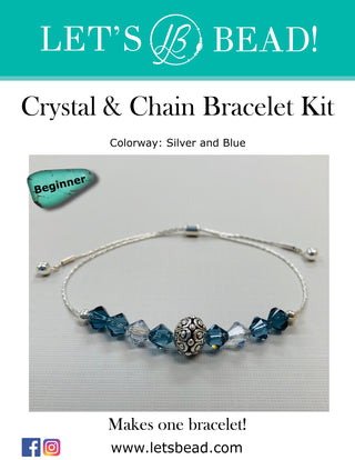 Beginner bracelet kit with silver chain findings, bead, and faceted blue and white beads.