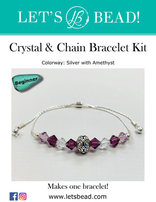 Beginner bracelet kit with silver chain, findings, bead, and faceted purple and clear glass beads.