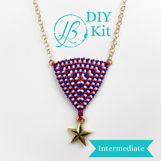 red white and blue colored, triangle shaped beaded necklace, with gold plated star