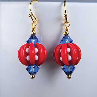Drop earrings kit with red crescent beads, white seed beads, and blue crystals on gold wire