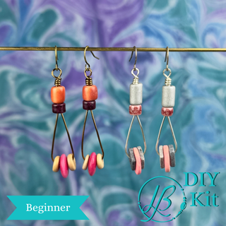 two pairs of colorful wire and bead earrings on a swirly blue background
