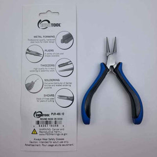 manufacturer packaging and Stainless Steel Round Nose Pliers with blue ergonomic handle on white background