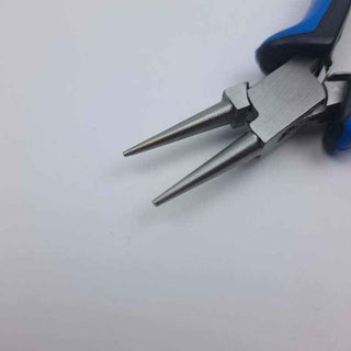 close up of the tips of Stainless Steel Round Nose Pliers with blue ergonomic handle on white background