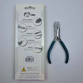 back side of manufacturer packaging for Nylon jaw pliers with green handle on a  white background
