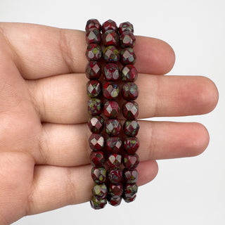 6mm Firepolish Maroon Picasso Czech 25 Bead Strand