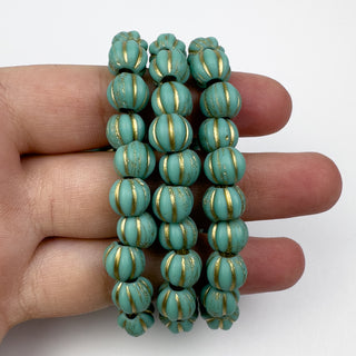 8mm Melon Bead Light Teal &amp; Gold 20 Bead Strand