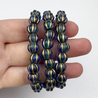 8mm Large Hole Melon Bead Transparent Blue & Gold 20 Bead Strand