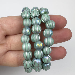 8mm Large Hole Melon Bead Light Blue AB Silver 20 Bead Strand