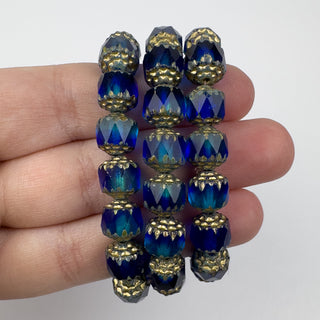 8mm Czech Glass Cathedral Beads Gold Washed Blue 15 Bead Strand