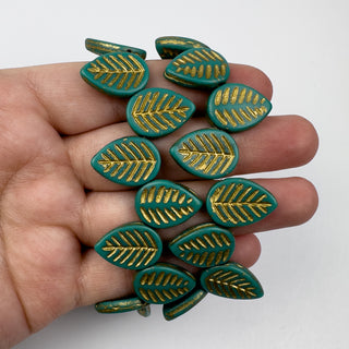12x16mm Czech Glass Leaf Gold Washed Green 15 Bead Strand