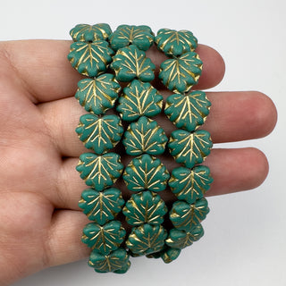 10x13mm Czech Glass Maple Leaf Gold Washed Green 20 Bead Strand