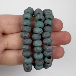 6x9mm Large Hole Roller Bead Matte Teal &amp; Grey Etched 25 Bead Strand