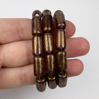 7x14mm Czech Glass Tube Gold Brushed Transparent Purple 10 Bead Strand