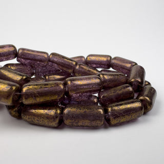 7x14mm Czech Glass Tube Gold Brushed Transparent Purple 10 Bead Strand