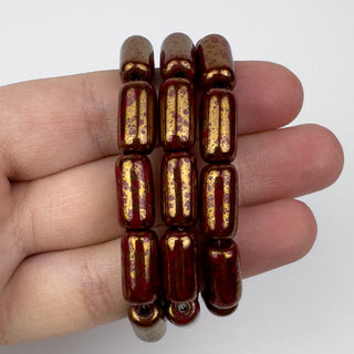 7x14mm Czech Glass Tube Gold Brushed Red 10 Bead Strand