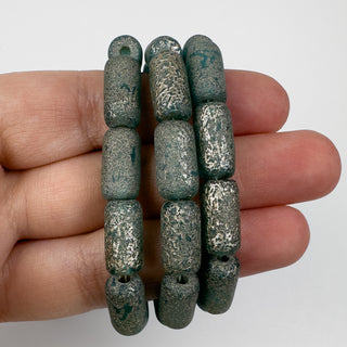 7x14mm Czech Glass Tube Silver Etched Teal 10 Bead Strand