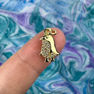 9x15mm Penguin Charm Rhinestone 18k Gold Plated