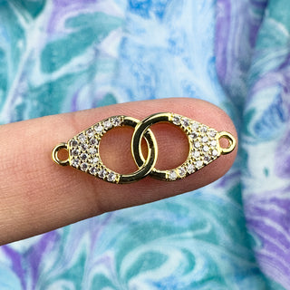 25mm Double Ring Rhinestone Connector Charm Gold Plt